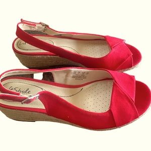 Red espadrille style sandals—worn once